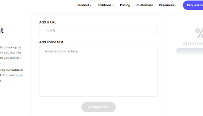 https://writer.com/ai-content-detector/ Writer AI Content Detector interface showing URL input and text analysis box for detecting AI-generated content