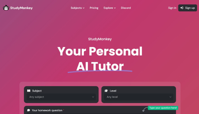 https://studymonkey.ai/ your personal AI Tutor Dashboard Screenshoot