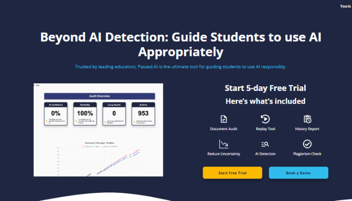 Passed AI https://passed.ai/ platform highlighting student AI usage guidance, document audit, AI detection, and plagiarism check Feature.