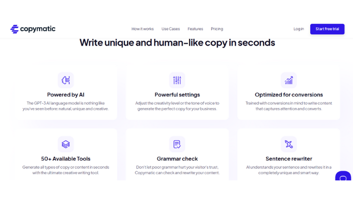 https://copymatic.ai/ Copymatic AI features overview including AI-powered writing, grammar check, sentence rewriter, and 50+ content tools