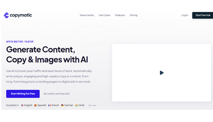 https://copymatic.ai/ Copymatic AI homepage showcasing content, copy, and image generation features with multilingual support