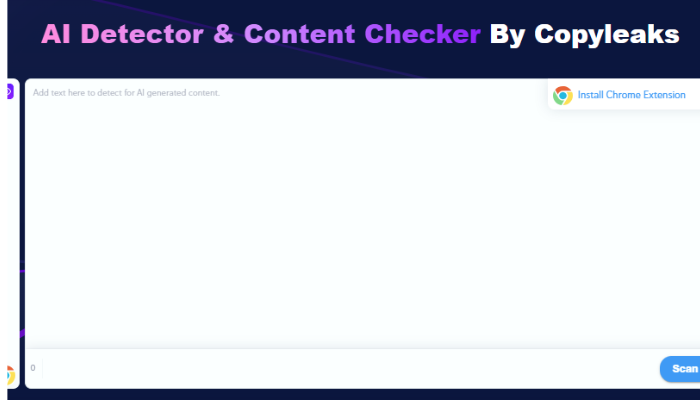  https://copyleaks.com/ Copyleaks AI Detector and Content Checker interface with text input box and Chrome extension installation prompt.