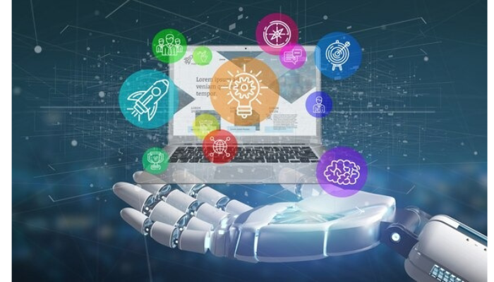 AI-powered robotic hand displaying digital icons for innovation, data analysis, machine learning, and productivity around a laptop