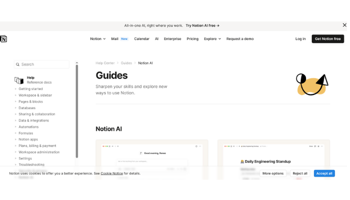https://www.notion.com/ Notion.ai Help Center page showing Notion AI guides. 