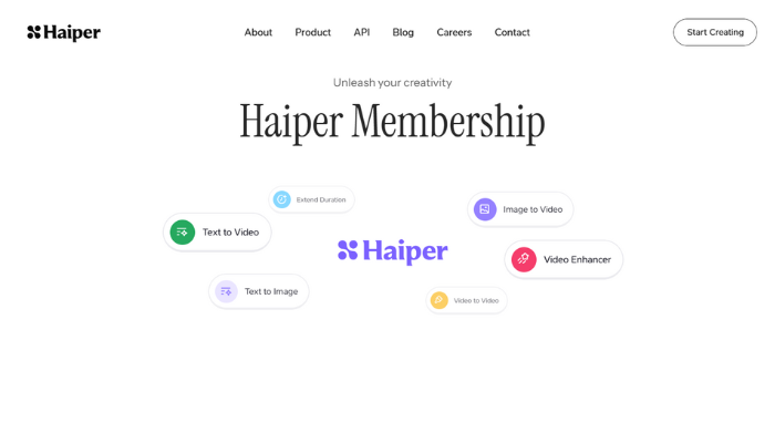 https://haiper.ai/product/pricing Haiper Membership webpage showing features including Text to Video, Text to Image, Image to Video, Video to Video, and Video Enhancer.