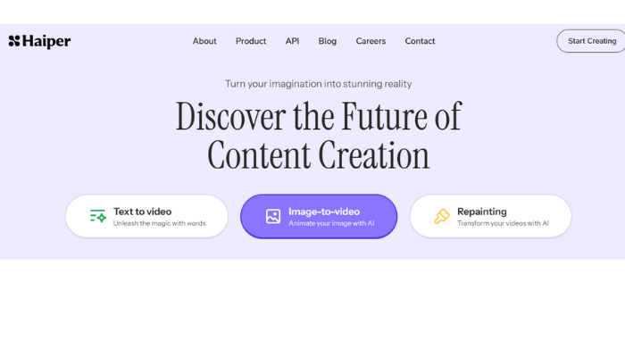 https://haiper.ai/ Haiper AI homepage showing content creation options: Text to video, Image to video, and Repainting."