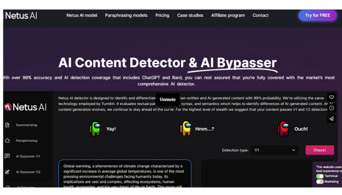 Netus AI https://netus.ai/ website featuring AI Content Detector and AI Bypasser tools with over 99% accuracy