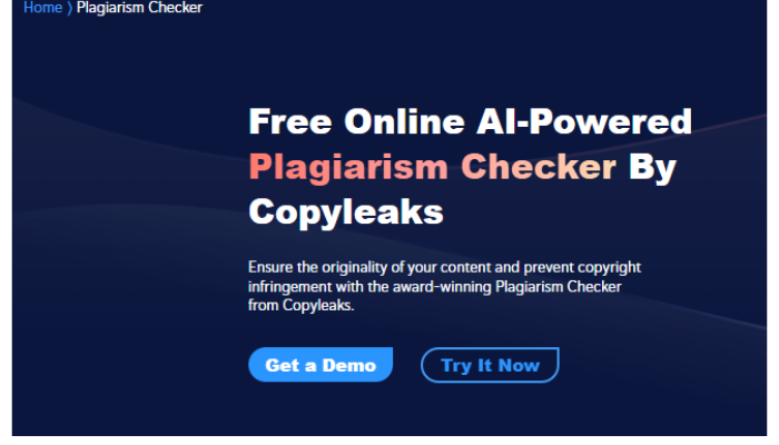  https://copyleaks.com/ Copyleaks homepage section displaying Free Online AI-Powered Plagiarism Checker with demo and trial buttons.