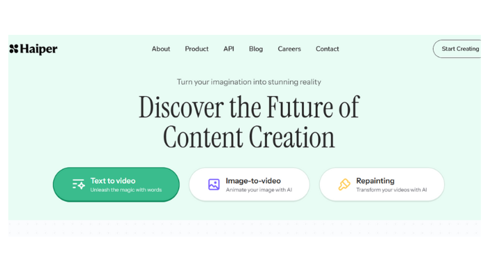 http://haiper.ai/product/text-to-video Haiper AI website interface highlighting three content creation tools: Text to video, Image to video, and Repainting on a green-themed background.