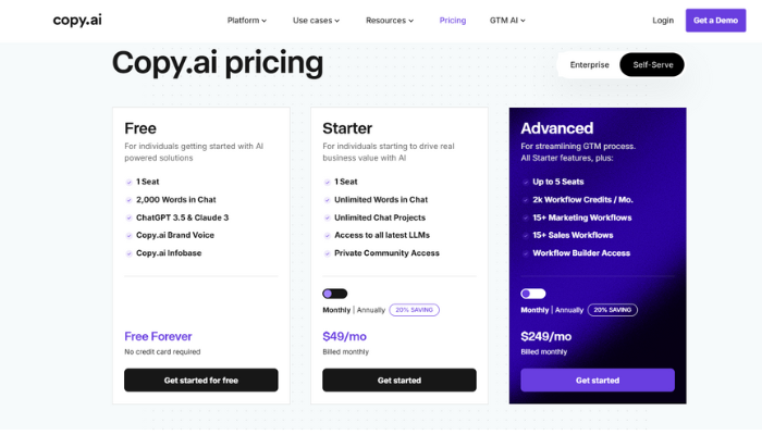 https://www.copy.ai/prices Copy.ai Pricing Plan