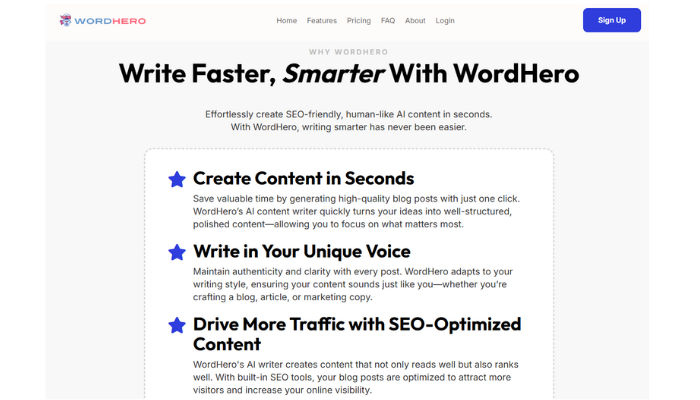 Wordhero AI Featues write faster, smarter with wordhero