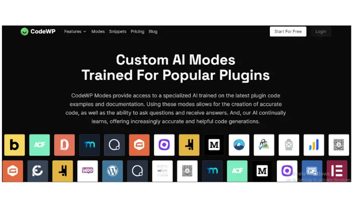CodeWP webpage showcasing custom AI modes