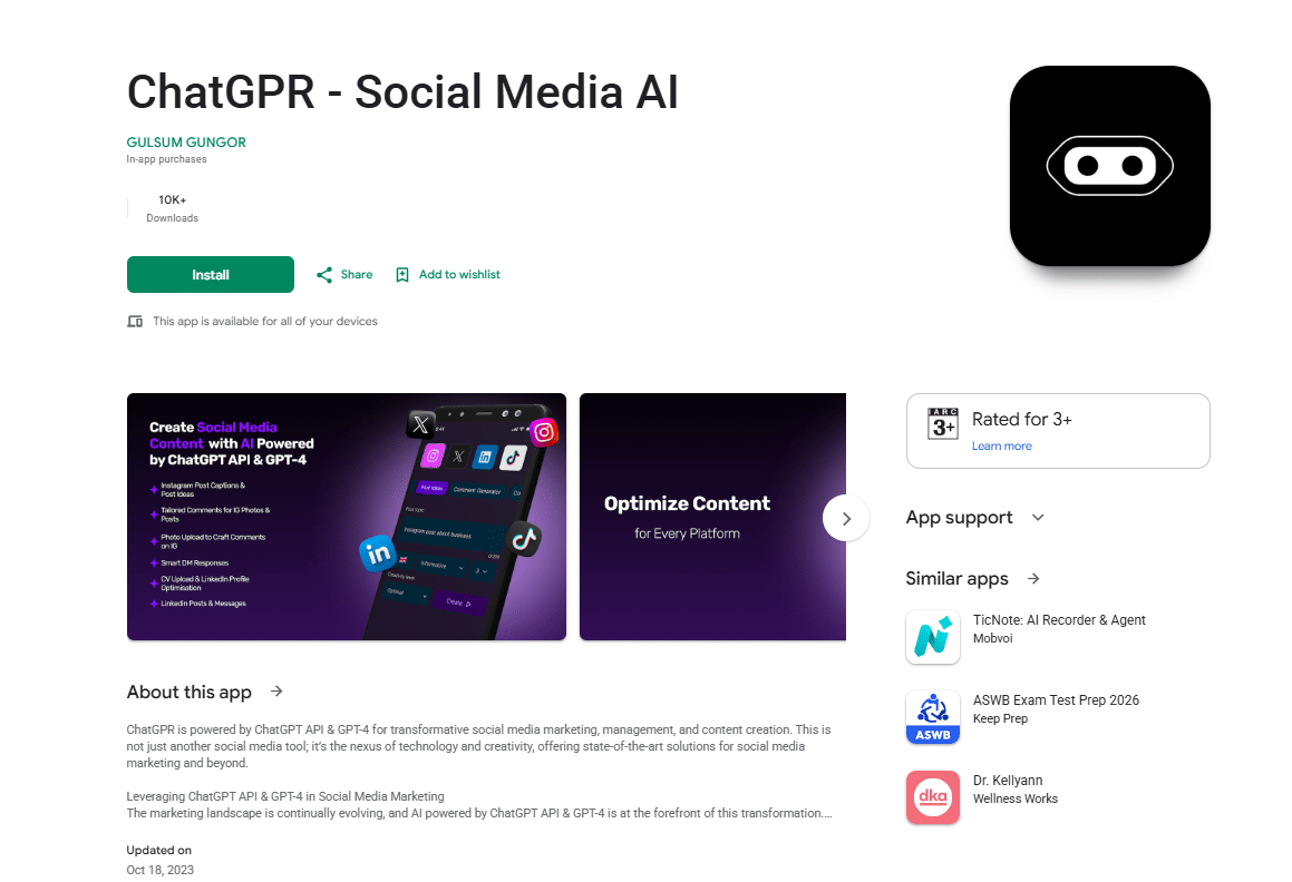 ChatGPR Social Media AI on Google Play Store by Gulsum Gungor — 10K+ downloads, GPT-4 powered