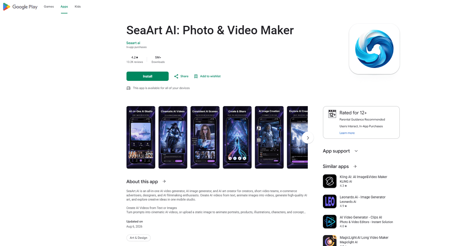 SeaArt AI Social Media AI app on Google Play Store by Gulsum Gungor showing 4.2 star rating and 5M plus downloads