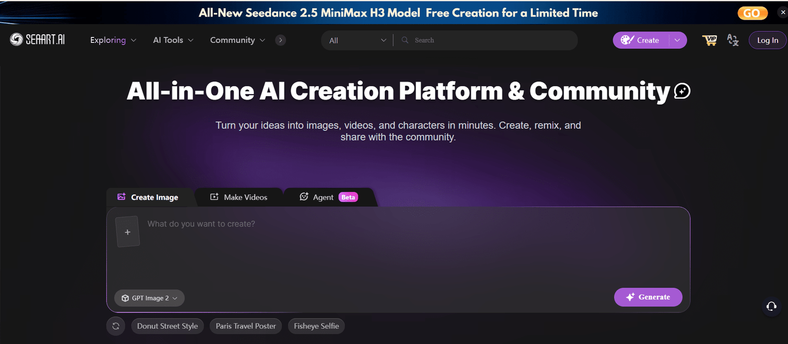 SeaArt AI all-in-one creation platform homepage showing Create Image, Make Videos, and Agent tabs