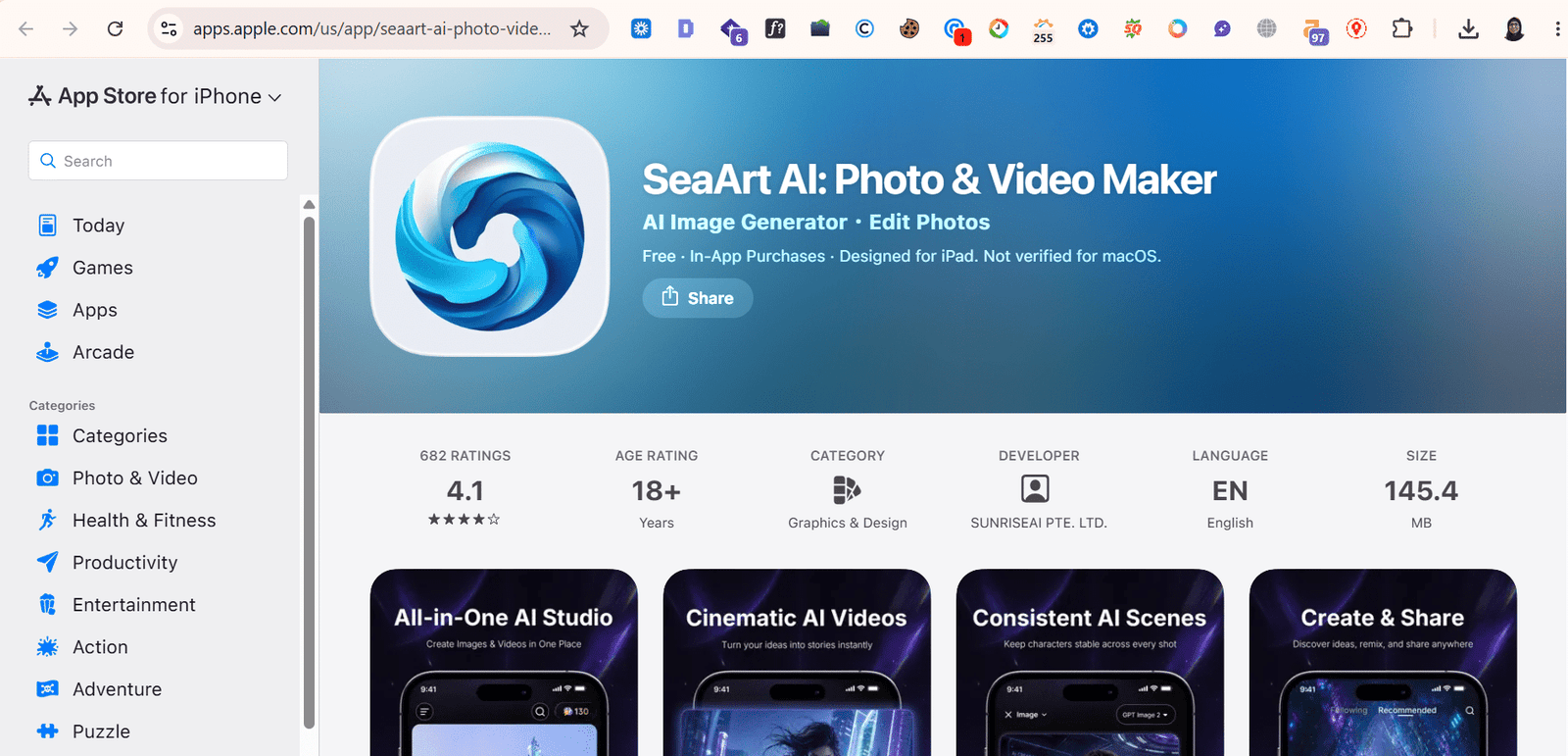 SeaArt AI Photo and Video Maker iOS App Store listing showing 4.1 star rating, 682 ratings, developer SUNRISEAI PTE LTD, 145.4MB size, rated 18+